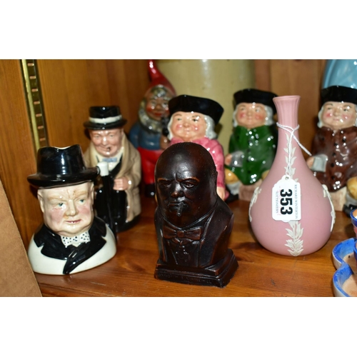 353 - A GROUP OF CHARACTER, TOBY JUGS AND OTHER CERAMICS, ETC, including a pink Wedgwood jasperware bud va... 