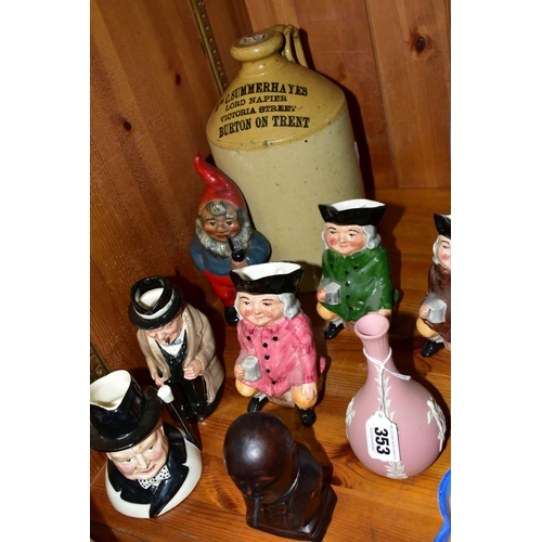 353 - A GROUP OF CHARACTER, TOBY JUGS AND OTHER CERAMICS, ETC, including a pink Wedgwood jasperware bud va... 