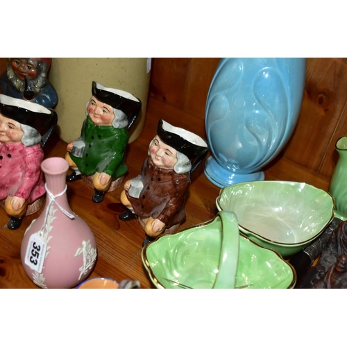 353 - A GROUP OF CHARACTER, TOBY JUGS AND OTHER CERAMICS, ETC, including a pink Wedgwood jasperware bud va... 