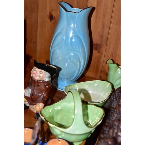 353 - A GROUP OF CHARACTER, TOBY JUGS AND OTHER CERAMICS, ETC, including a pink Wedgwood jasperware bud va... 