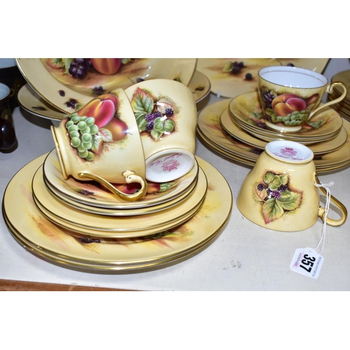 357 - A THIRTY TWO PIECE AYNSLEY 'ORCHARD GOLD' PART DINNER SERVICE, comprising a cake plate, two vegetabl... 