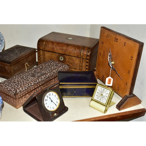 360 - A GROUP OF CLOCKS AND VARIOUS BOXES, to include a Le-Coultre 8-day travel alarm clock in cream ename... 