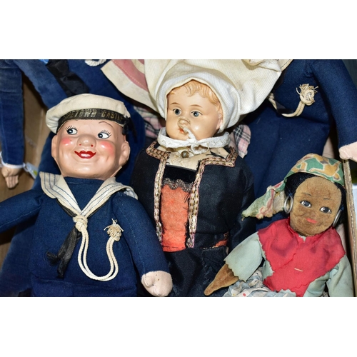 372 - ONE BOX OF VINTAGE FABRIC SAILOR DOLLS AND THREE TRADITIONAL FOLK DOLLS, to include a Norah Wellings... 