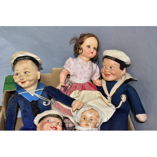 372 - ONE BOX OF VINTAGE FABRIC SAILOR DOLLS AND THREE TRADITIONAL FOLK DOLLS, to include a Norah Wellings... 