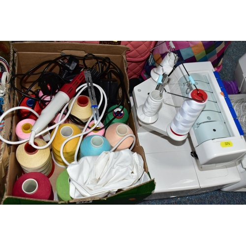 374 - A QUANTITY OF SEWING, KNITTING AND CRAFT TOOLS, comprising a Janome 216-S sewing machine complete wi... 