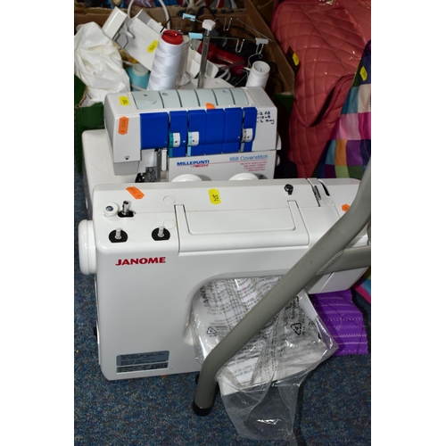 374 - A QUANTITY OF SEWING, KNITTING AND CRAFT TOOLS, comprising a Janome 216-S sewing machine complete wi... 