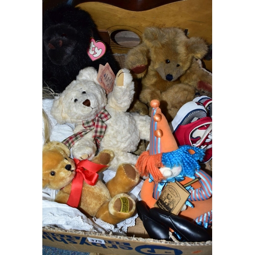 375 - ONE BOX OF SOFT TOYS, LEATHER HOLDALL AND HIKING EQUIPMENT, to include a large brown leather Ashwood... 