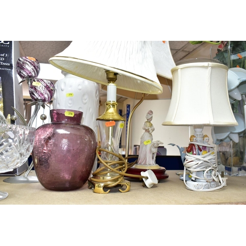 376 - A GROUP OF TABLE LAMPS, GLASS VASES, BOWLS, ARTIFICIAL FLOWERS, ETC, including a boxed set of three ... 