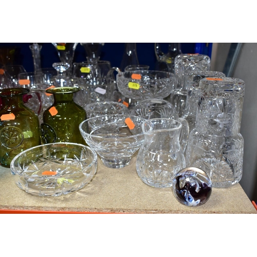 378 - A COLLECTION OF COLOURED AND CLEAR GLASSWARE, including a pair of carafe and glass sets engraved wit... 