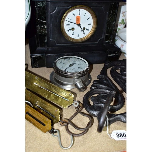 380 - A LATE VICTORIAN BLACK SLATE MANTEL CLOCK, THREE BRASS SPRING BALANCE SCALES, ETC, the mantel clock ... 