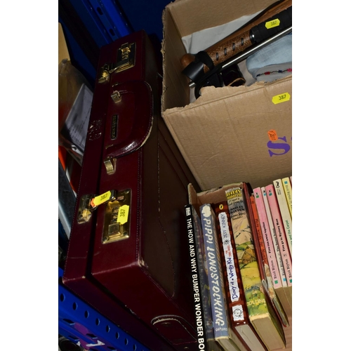 387 - FOUR BOXES AND LOOSE CHILDREN'S BOOKS, RECORDS, PHOTOGRAPH FRAMES, TWO GLASS DEMI JOHNS, BRASS WALL ... 