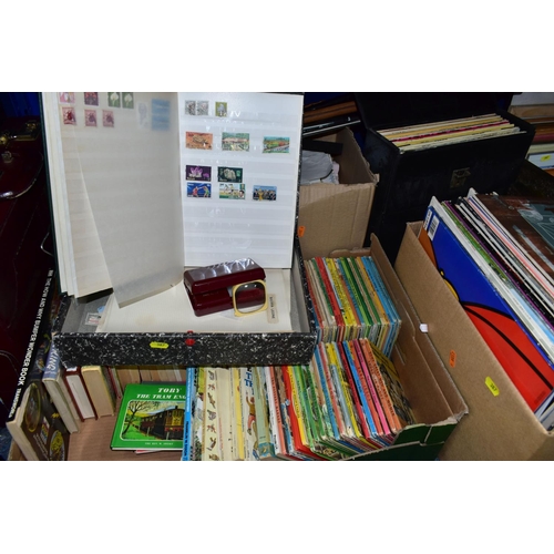 387 - FOUR BOXES AND LOOSE CHILDREN'S BOOKS, RECORDS, PHOTOGRAPH FRAMES, TWO GLASS DEMI JOHNS, BRASS WALL ... 