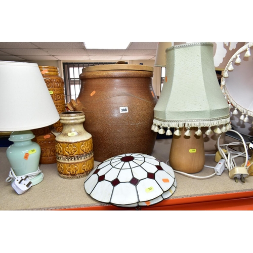 388 - A LARGE STONEWARE BRAED CROCK WITH WOODEN COVER, TWO WEST GERMAN POTTERY VASES, FOUR TABLE LAMPS, ET... 