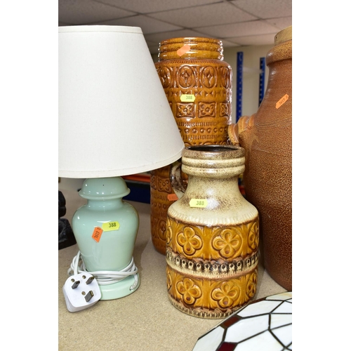 388 - A LARGE STONEWARE BRAED CROCK WITH WOODEN COVER, TWO WEST GERMAN POTTERY VASES, FOUR TABLE LAMPS, ET... 