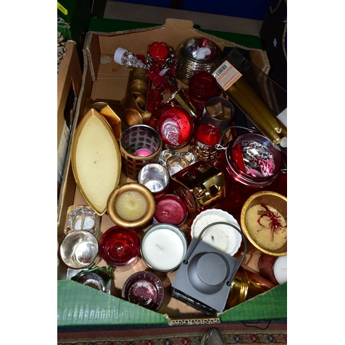 394 - FOUR BOXES AND LOOSE CHRISTMAS DECORATIONS, WHITE PAINTED DECORATIVE TREE, ETC, including tea light ... 