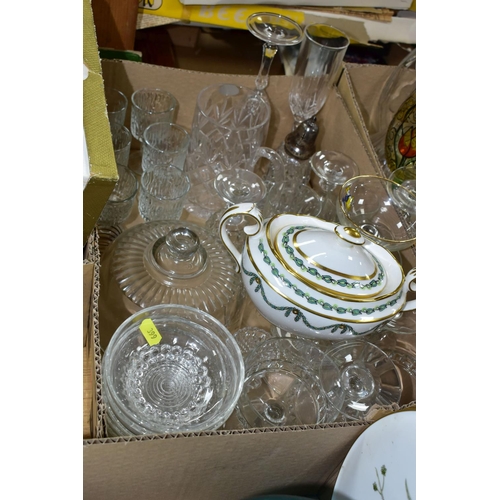 399 - SIX BOXES OF GLASSWARE, CERAMICS AND HOUSEHOLD ORNAMENTS to include Leonardo Collection cottages, Ay... 