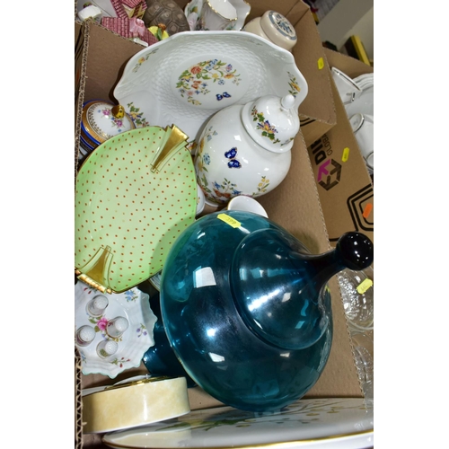 399 - SIX BOXES OF GLASSWARE, CERAMICS AND HOUSEHOLD ORNAMENTS to include Leonardo Collection cottages, Ay... 