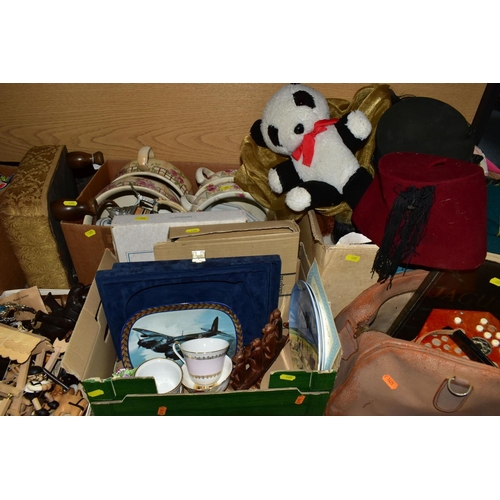 405 - FOUR BOXES, ONE BAG OF SOFT TOYS AND ASSORTED SUNDRIES, to include an oak cased novelty clock in the... 