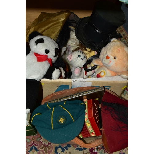 405 - FOUR BOXES, ONE BAG OF SOFT TOYS AND ASSORTED SUNDRIES, to include an oak cased novelty clock in the... 