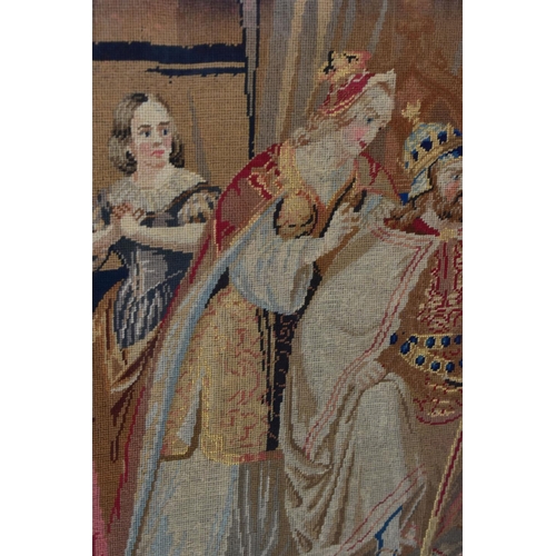 410 - A FRAMED VICTORIAN TAPESTRY AND PRINTS, tapestry depicts a king on his throne remonstrating with two... 