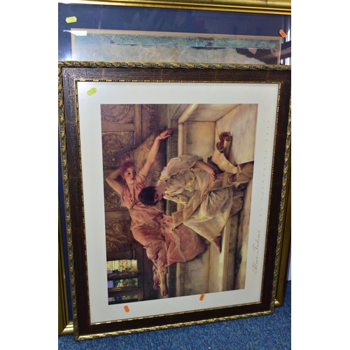 410 - A FRAMED VICTORIAN TAPESTRY AND PRINTS, tapestry depicts a king on his throne remonstrating with two... 