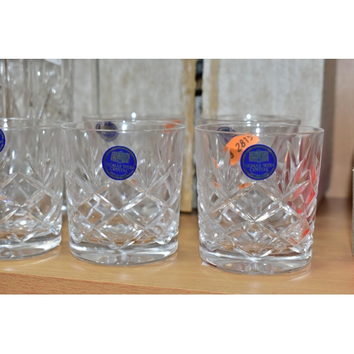 420 - A THOMAS WEBB CRYSTAL SQUARE DECANTER AND SIX WHISKY TUMBLERS, boxed, all with original stickers and... 