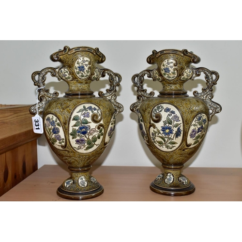 331 - A PAIR OF LATE NINETEENTH CENTURY AUSTRIAN MAJOLICA VASES BY GERBING & STEPHAN, the twin handled vas... 