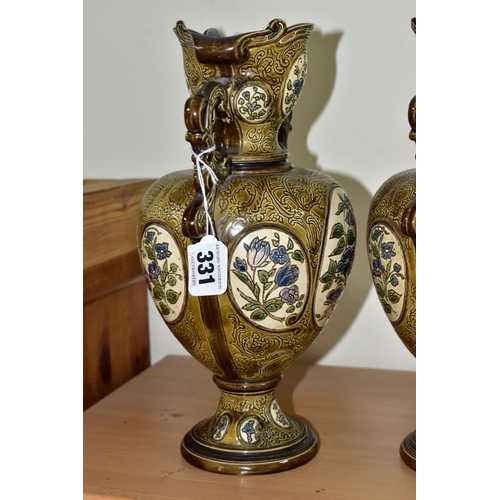 331 - A PAIR OF LATE NINETEENTH CENTURY AUSTRIAN MAJOLICA VASES BY GERBING & STEPHAN, the twin handled vas... 