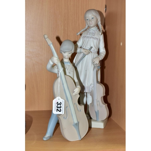 332 - TWO LLADRO FIGURINES WITH A MUSICAL THEME, in matt finish, comprising Boy With Double Bass 4615, des... 