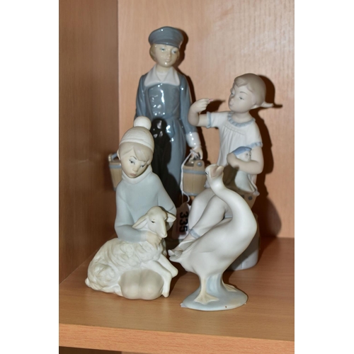 335 - THREE LLADRO FIGURINES AND A LLADRO DUCK FIGURE, comprising Boy with Pails 4811, issued in 1972, ret... 