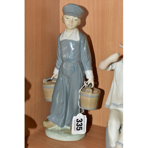 335 - THREE LLADRO FIGURINES AND A LLADRO DUCK FIGURE, comprising Boy with Pails 4811, issued in 1972, ret... 