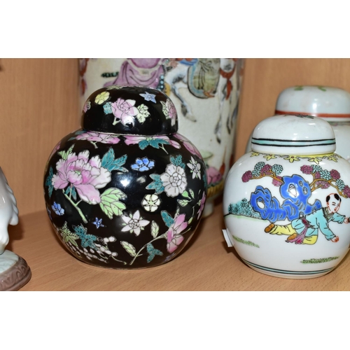 336 - A JAPANESE CRACKLE GLAZE VASE AND THREE ORIENTAL GINGER JARS, comprising a Japanese cylindrical crac... 