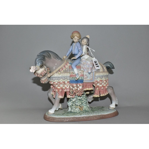 337 - A LLADRO 'VALENCIAN CHILDREN' FIGURE GROUP, number 1489, depicting two children riding a horse, scul... 