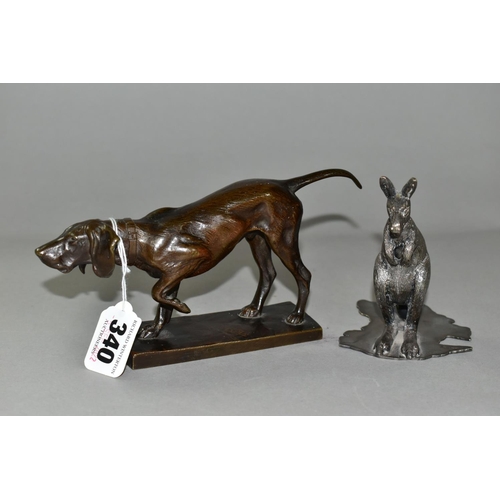 340 - A BRONZE GUNDOG FIGURE AND A PLATED KANGAROO, comprising a bronze figure of a working pointer, stand... 