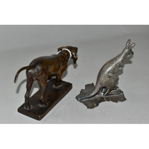 340 - A BRONZE GUNDOG FIGURE AND A PLATED KANGAROO, comprising a bronze figure of a working pointer, stand... 