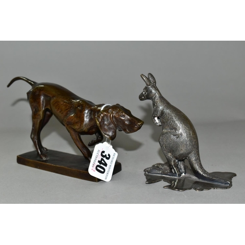 340 - A BRONZE GUNDOG FIGURE AND A PLATED KANGAROO, comprising a bronze figure of a working pointer, stand... 