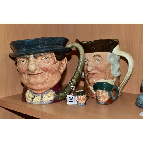 341 - FOUR ROYAL DOULTON CHARACTER JUGS, comprising a large musical Tony Weller character jug playing 'Com... 