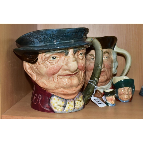 341 - FOUR ROYAL DOULTON CHARACTER JUGS, comprising a large musical Tony Weller character jug playing 'Com... 