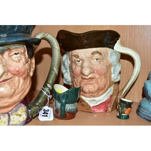 341 - FOUR ROYAL DOULTON CHARACTER JUGS, comprising a large musical Tony Weller character jug playing 'Com... 