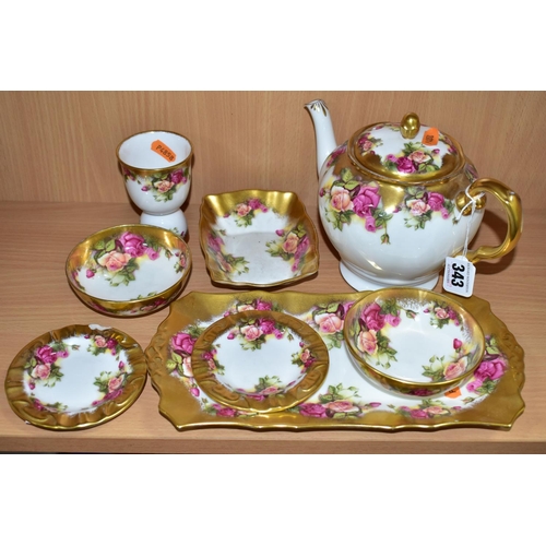 343 - EIGHT PIECES OF ROYAL CHELSEA GOLDEN ROSE PATTERN TEA WARES, comprising a teapot, a sandwich plate, ... 