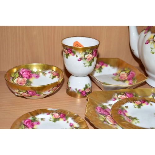 343 - EIGHT PIECES OF ROYAL CHELSEA GOLDEN ROSE PATTERN TEA WARES, comprising a teapot, a sandwich plate, ... 