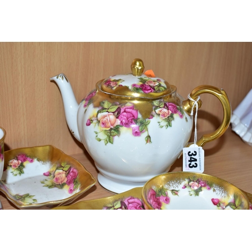 343 - EIGHT PIECES OF ROYAL CHELSEA GOLDEN ROSE PATTERN TEA WARES, comprising a teapot, a sandwich plate, ... 