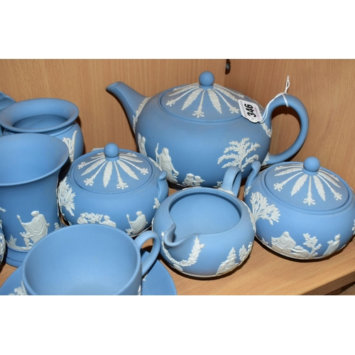 346 - A GROUP OF WEDGWOOD PALE BLUE JASPERWARES, eighteen pieces to include a teapot, two cream jugs, two ... 