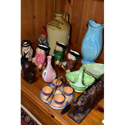 353 - A GROUP OF CHARACTER, TOBY JUGS AND OTHER CERAMICS, ETC, including a pink Wedgwood jasperware bud va... 