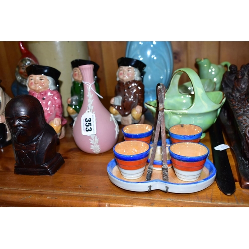 353 - A GROUP OF CHARACTER, TOBY JUGS AND OTHER CERAMICS, ETC, including a pink Wedgwood jasperware bud va... 