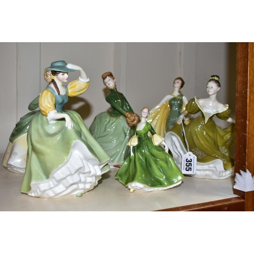 355 - SIX ROYAL DOULTON AND COALPORT FIGURINES, comprising Royal Doulton: Buttercup HN2309, Lynne HN2329 (... 