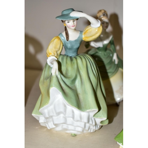 355 - SIX ROYAL DOULTON AND COALPORT FIGURINES, comprising Royal Doulton: Buttercup HN2309, Lynne HN2329 (... 