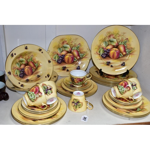 357 - A THIRTY TWO PIECE AYNSLEY 'ORCHARD GOLD' PART DINNER SERVICE, comprising a cake plate, two vegetabl... 