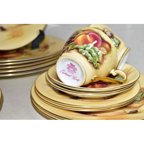 357 - A THIRTY TWO PIECE AYNSLEY 'ORCHARD GOLD' PART DINNER SERVICE, comprising a cake plate, two vegetabl... 