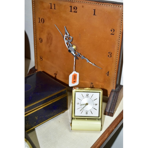 360 - A GROUP OF CLOCKS AND VARIOUS BOXES, to include a Le-Coultre 8-day travel alarm clock in cream ename... 